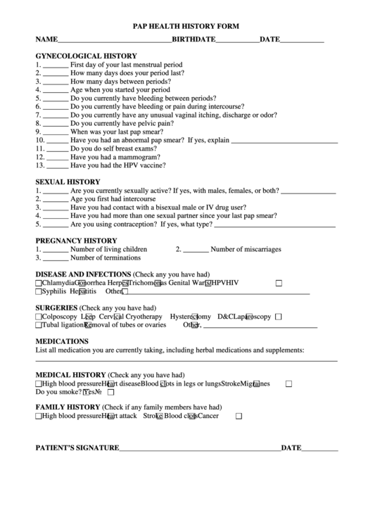 Pap Health History Form Printable pdf