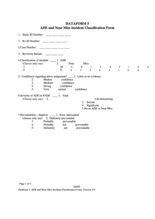 Ade And Near Miss Incident Classification Form Printable pdf