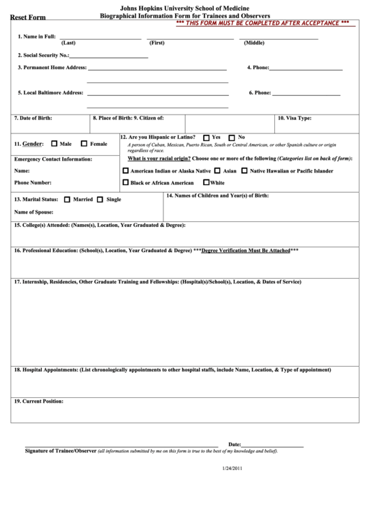 Biographical Information Form For Trainees And Observers