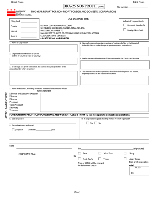 Fillable Form Bra-25 Nonprofit - Two-Year Report For Non-Profit Foreign And Domestic Corporations - 2009 Printable pdf