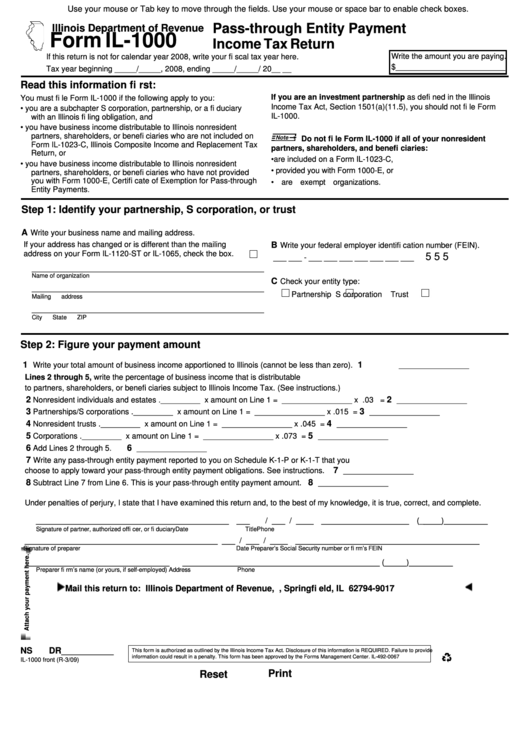 Fillable Form Il-1000 -Pass-Through Entity Payment Income Tax Return Printable pdf