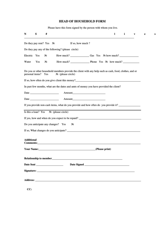 Head Of Household Form Printable pdf