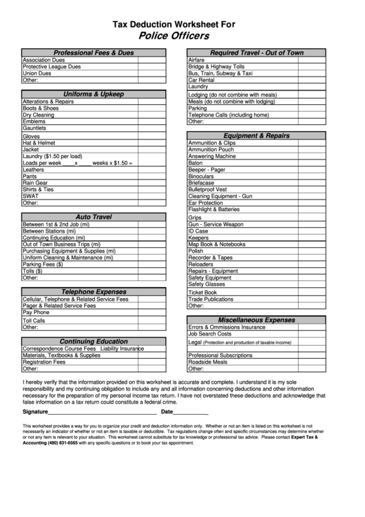 Fillable Police Officer Tax Deduction Worksheet Printable pdf