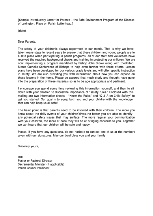 Sample Introductory Letter For Parents Template - Safe Environment Program Printable pdf