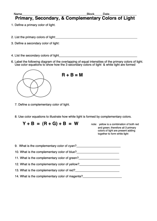 Primary, Secondary, & Complementary Colors Of Light Worksheet Printable pdf