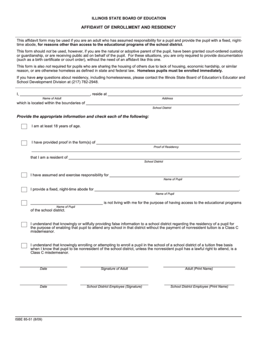 Form Isbe 85-51 Affidavit Of Enrollment And Residency - Illinois State Board Of Education Printable pdf