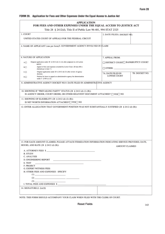Fillable Form 20 - Application For Fees And Other Expenses Under The Equal Access To Justice Act Printable pdf