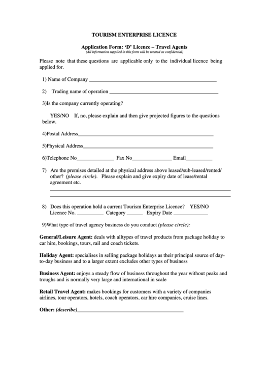 Application Form: D License - Travel Agents - Tourism Enterprise License Printable pdf