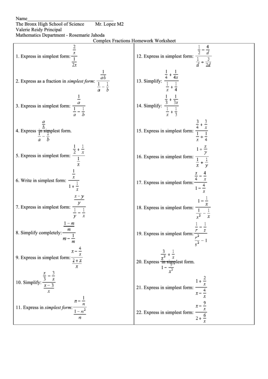 Complex Fractions Homework Worksheet Printable pdf