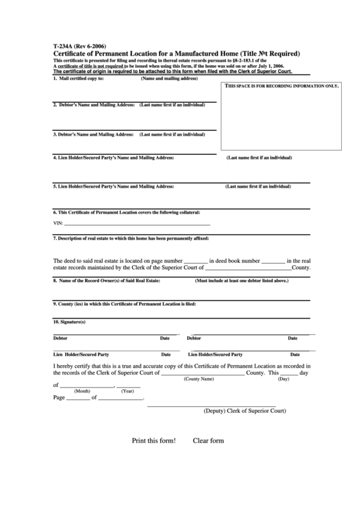 Fillable Form T-234a Certificate Of Permanent Location For A Manufactured Home Printable pdf