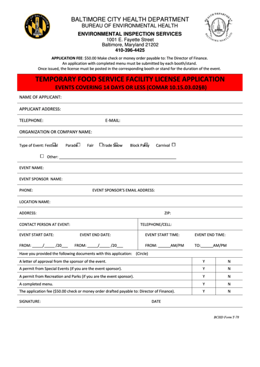 Temporary Food Facility Application - Baltimore City Health Department Printable pdf