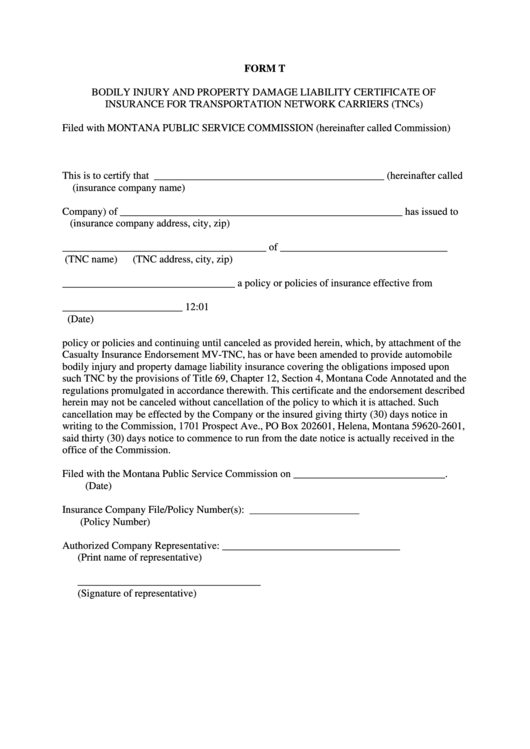 Form T - Certifcate Of Insurance - Montana Public Service Commission Printable pdf