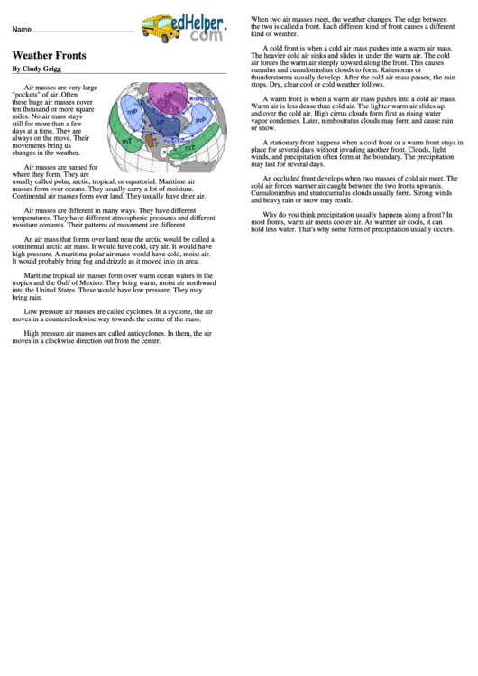 Weather Fronts - Reading Comprehension Worksheets Printable pdf