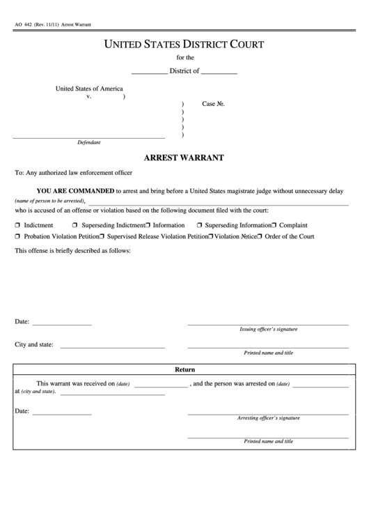 Fillable Form Ao 442 - Arrest Warrant - United States District Court Printable pdf