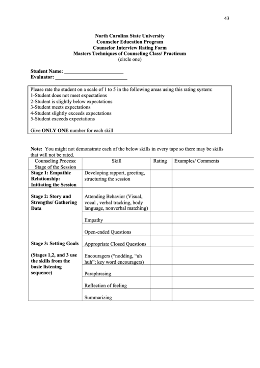 Counselor Interview Rating Form Printable pdf