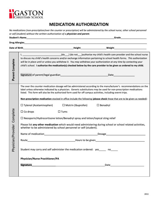 Fillable Medication Authorization Form Printable pdf