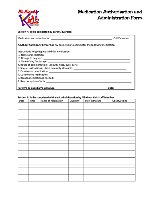 Medication Authorization And Administration Form Printable pdf