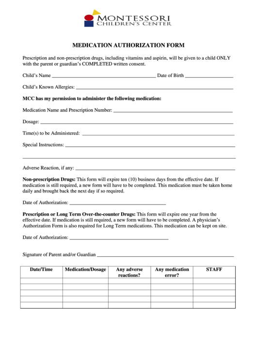 Medication Authorization Form Printable pdf