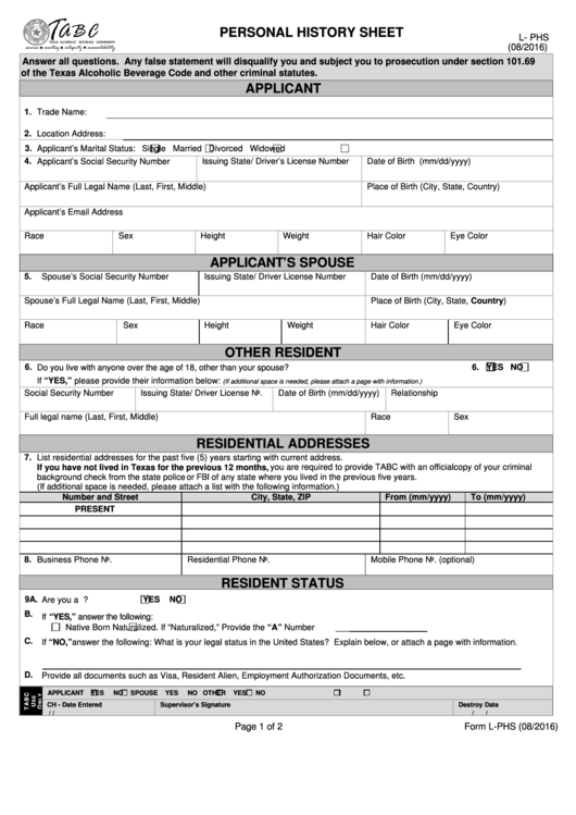 L- Phs - Personal History Sheet (texas Alcoholic Beverage Commission)