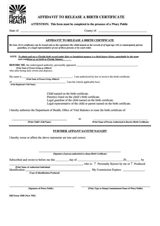 Affidavit To Release A Birth Certificate Printable pdf