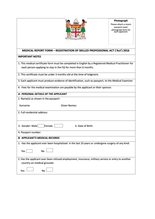 Medical Report Form - Registration Of Skilled Professional Act Printable pdf