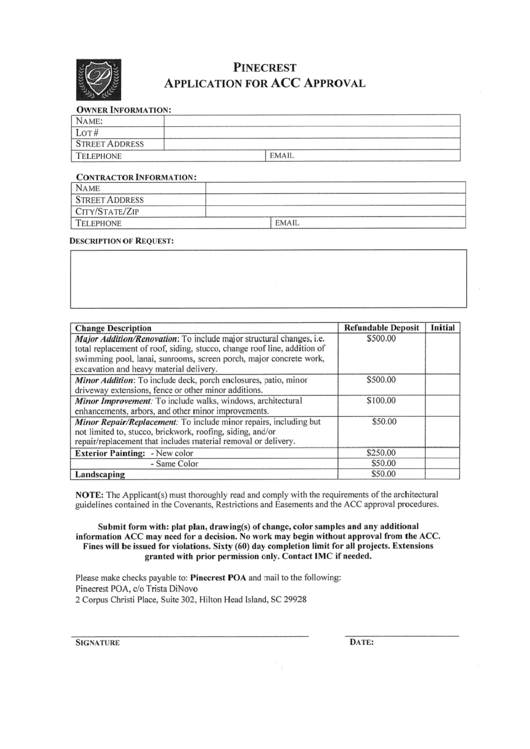 Pinecrest Application For Acc Approval Printable pdf
