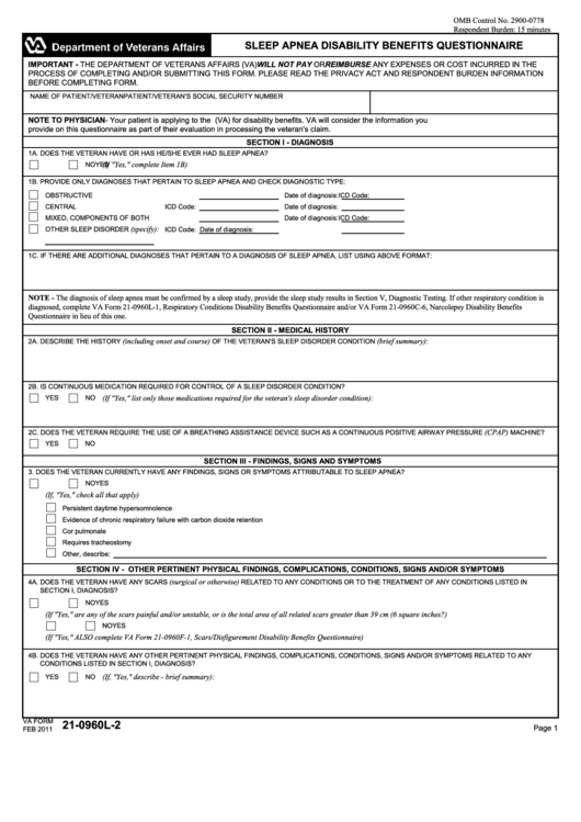 Fillable Va Form 21-0960l-2 - Sleep Apnea Disability Benefits Questionnaire Printable pdf