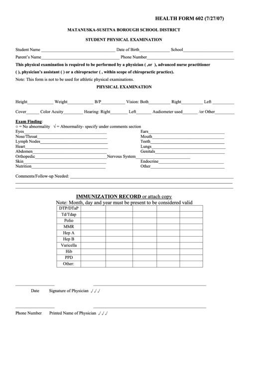 Health Form 602 - Student Physical Examination - Matanuska-Susitna Borough School District From Printable pdf