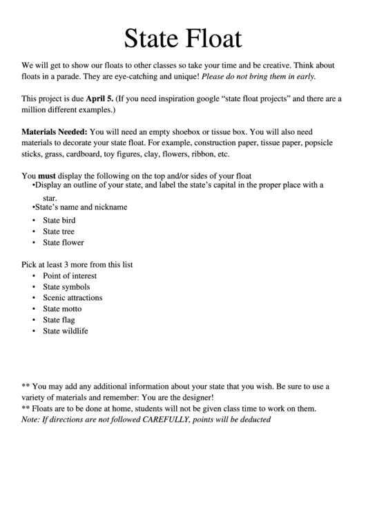 Sample Project Grading Rubric Template - State Float Printable pdf