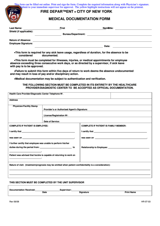 Fdny Medical Documentation Form Printable pdf