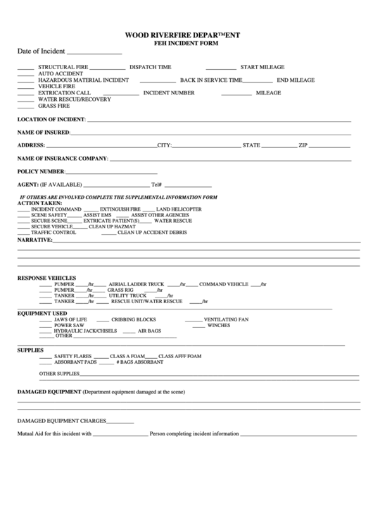 Feh Incident Form - Wood River Fire Department Printable pdf