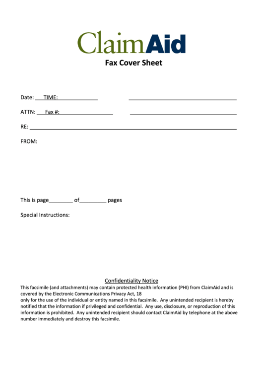 Fillable Fax Cover Sheet - Claimaid Printable pdf