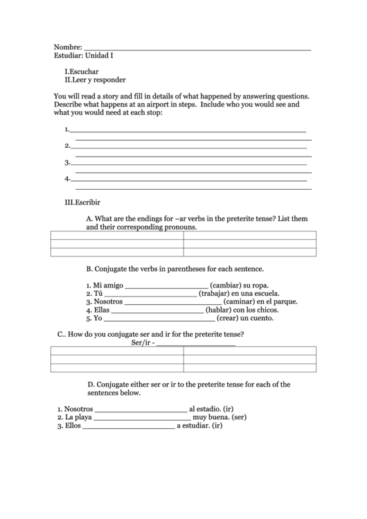 Spanish Language Worksheet Template Printable pdf