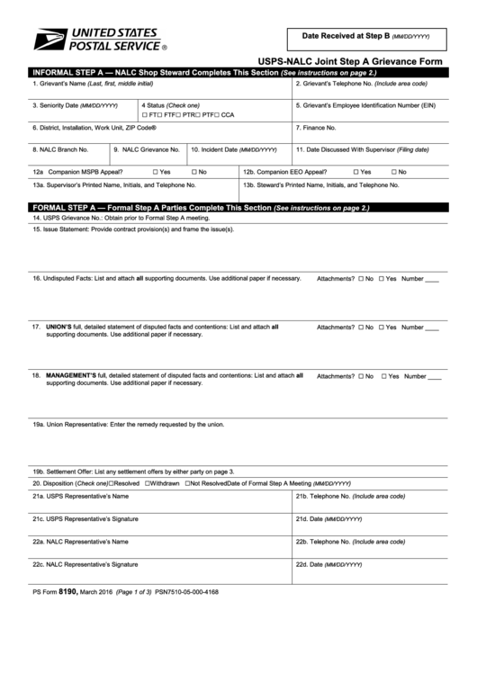 Fillable Ps Form 8190 - Usps-Nalc Joint Step A Grievance Form Printable pdf
