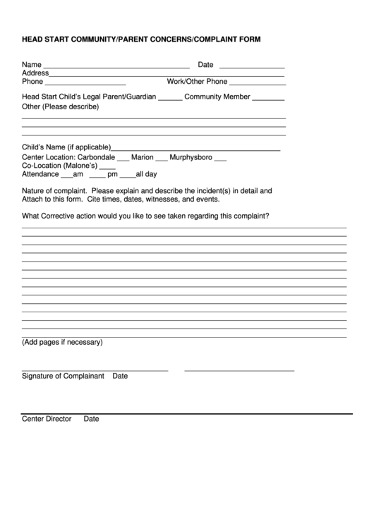 Community/parent Complaint Form Printable pdf