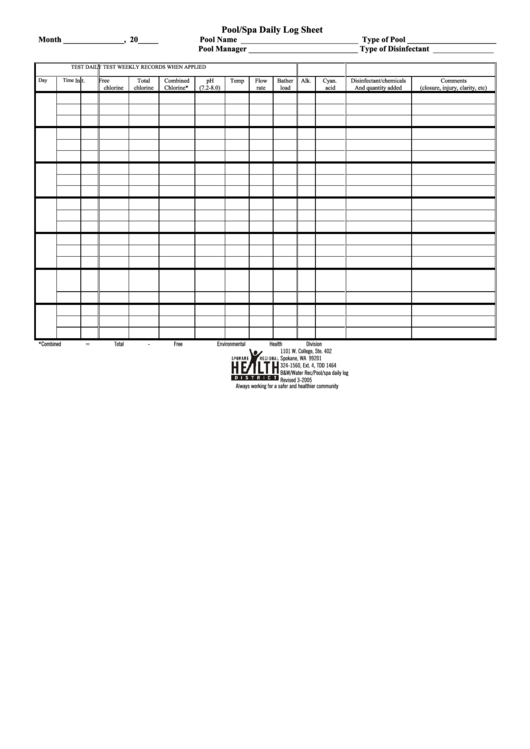 Pool/spa Daily Log Sheet Printable pdf