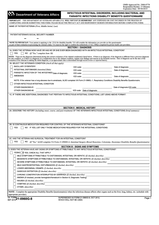 Fillable Va Form 21-0960g-8 - Infectious Intestinal Disorders, Including Bacterial And Parasitic Infections Disability Benefits Questionnaire Printable pdf