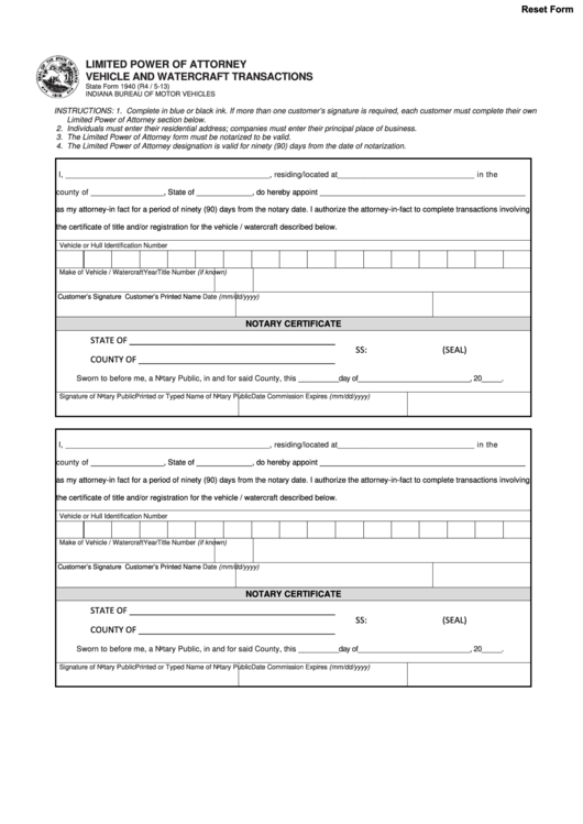 Fillable Form 1940 - Limited Power Of Attorney Vehicle And Watercraft Transaction Printable pdf