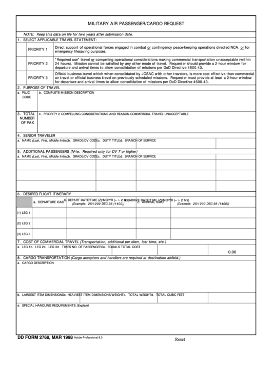 Fillable Dd Form 2768 - Military Air Passenger/cargo Request Printable pdf