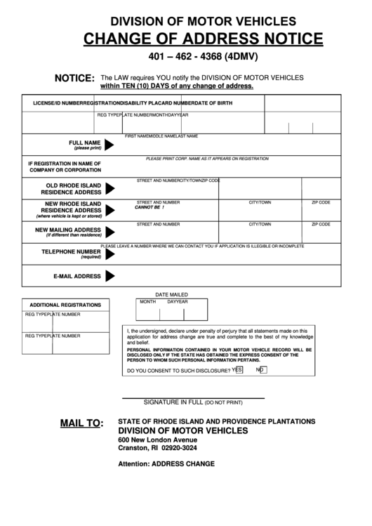 Fillable Division Of Motor Vehicles - Change Of Address Notice Printable pdf