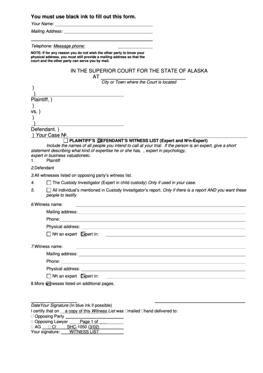 Witness List, Shc-1050 - Alaska Court System Printable pdf