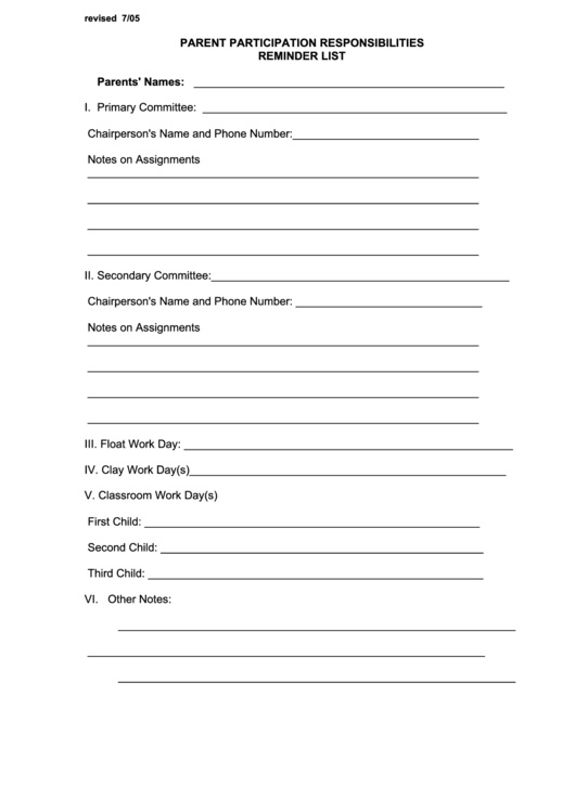Parent Participation Responsibilities Reminder List Template Printable pdf