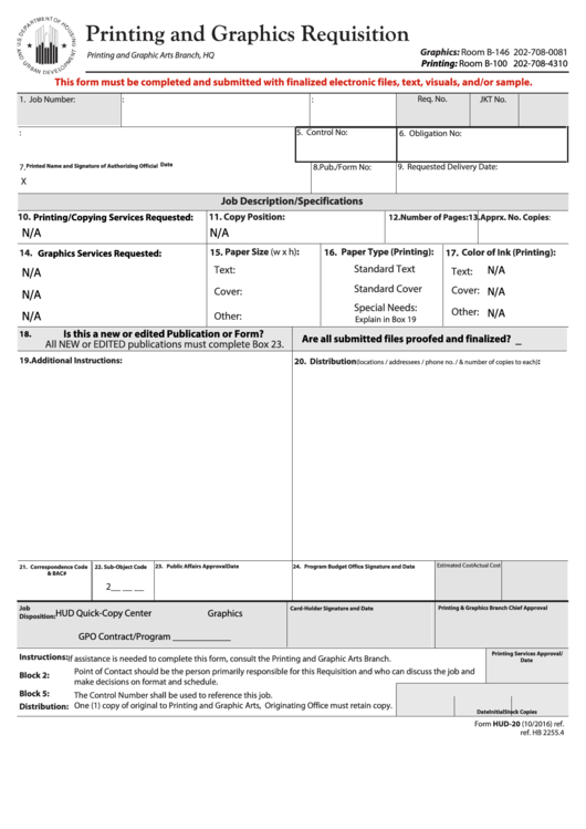Fillable Hud-20 Printing And Graphics Requisition - Us Department Of Housing And Urban Development Printable pdf