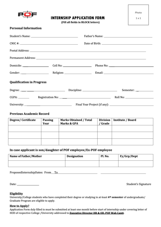 Internship Application Form - Pof Printable pdf