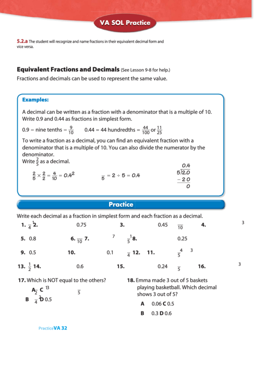 Equivalent Fractions And Decimals (See Lesson 9-8 For Help.) Printable pdf