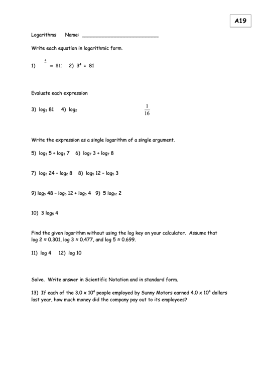 Logarithms Practice Sheet printable pdf download