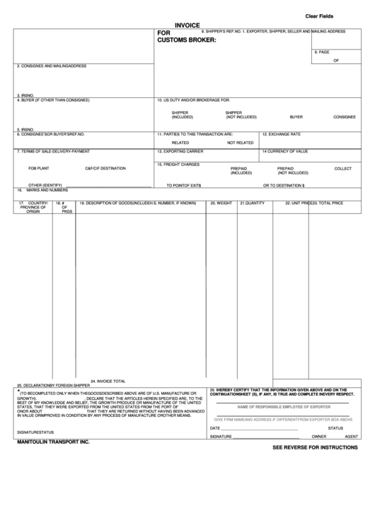 Fillable Invoice Template For U.s. Customs Clearance By Customs Broker Printable pdf