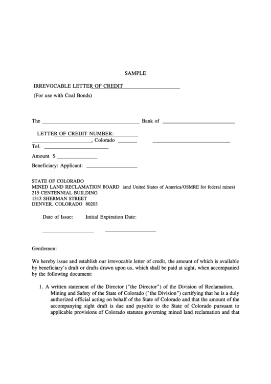 Irrevocable Letter Of Credit Template (For Use With Coal Bonds) Printable pdf