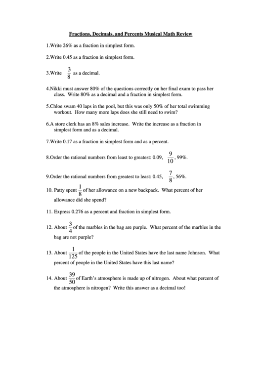 Fractions, Decimals, And Percents Musical Math Review Template Printable pdf