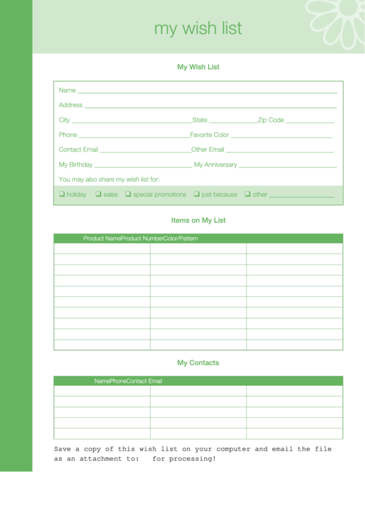 Wish List Template Printable pdf